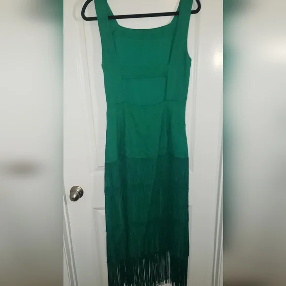 Emerald Green Anthropologie dress with fringes - Picture 3 of 4